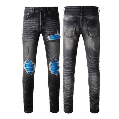 High Street Jeans Trendy Men's Ripped Blue Patch Beggar Slim Jeans #1337