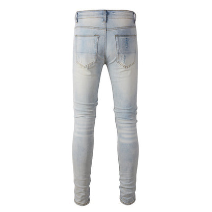 645 Jeans bleus déchirés de marque tendance Jeans Slim Slim High Street élastiques 