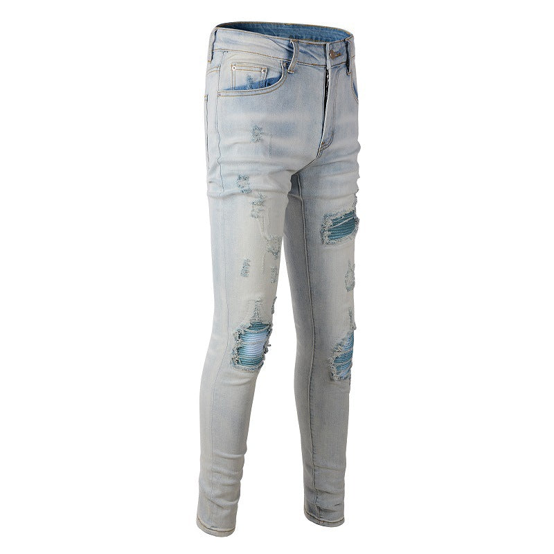 645 Jeans bleus déchirés de marque tendance Jeans Slim Slim High Street élastiques 